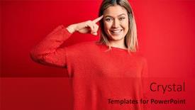  Presentation with great idea - Beautiful presentation design featuring young-beautiful-blonde-woman-wearing backdrop and a crimson colored foreground