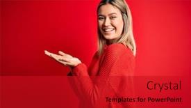  Presentation with woman hands open - Slides consisting of young-beautiful-blonde-woman-wearing background and a crimson colored foreground