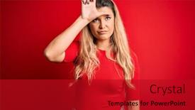  Presentation with casual young people - Slide deck with young-beautiful-blonde-woman-wearing background and a crimson colored foreground