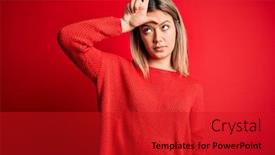  Presentation with casual young people - Presentation enhanced with young-beautiful-blonde-woman-wearing background and a crimson colored foreground