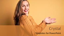  Presentation with woman hands open - Audience pleasing PPT layouts consisting of young-beautiful-blonde-woman-wearing backdrop and a gold colored foreground