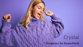  Presentation with listening woman - Presentation theme enhanced with young-beautiful-blonde-woman-wearing background and a light blue colored foreground