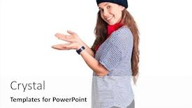  Presentation with woman hands open - Audience pleasing slides consisting of young-beautiful-blonde-woman-wearing backdrop and a white colored foreground