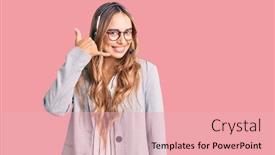  Presentation with call center - Cool new PPT theme with young-beautiful-blonde-woman-wearing backdrop and a lemonade colored foreground
