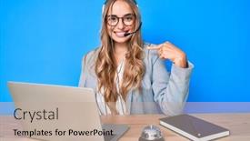  Presentation with call center - Amazing PPT theme having young-beautiful-blonde-woman-wearing backdrop and a coral colored foreground