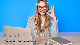  Presentation with call center - Slide set consisting of young-beautiful-blonde-woman-wearing background and a coral colored foreground