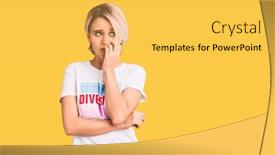  Presentation with diversity hands - Audience pleasing presentation design consisting of young-beautiful-blonde-woman-wearing backdrop and a yellow colored foreground