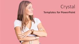  Presentation with tshirt - PPT theme featuring young-beautiful-blonde-woman-wearing background and a coral colored foreground