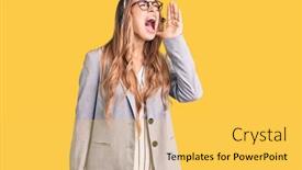  Presentation with call center - PPT theme with young-beautiful-blonde-woman-wearing background and a yellow colored foreground