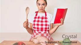  Presentation with recipe book - Audience pleasing presentation design consisting of young-beautiful-blonde-woman-wearing backdrop and a coral colored foreground