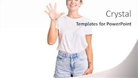  Presentation with tshirt - Slide deck featuring young-beautiful-blonde-woman-wearing background and a sky blue colored foreground