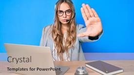  Presentation with defense - Slide deck with young-beautiful-blonde-woman-wearing background and a coral colored foreground