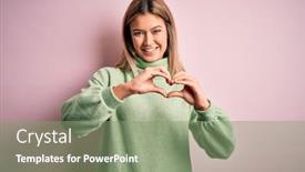  Presentation with hands heart - Cool new PPT theme with young-beautiful-blonde-woman-wearing backdrop and a seafoam green colored foreground