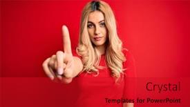  Presentation with finger - Colorful presentation design enhanced with young-beautiful-blonde-woman-wearing backdrop and a crimson colored foreground
