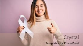  Presentation with blue ribbon - Presentation having young-beautiful-blonde-woman background and a coral colored foreground
