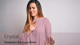  Presentation with blue eyes - Colorful presentation design enhanced with young-beautiful-blonde-woman backdrop and a coral colored foreground