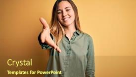  Presentation with blue handshake - Theme enhanced with young-beautiful-blonde-woman background and a tawny brown colored foreground