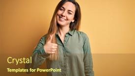  Presentation with blue yellow - Colorful slide deck enhanced with young-beautiful-blonde-woman backdrop and a tawny brown colored foreground