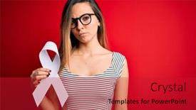  Presentation with blue ribbon - Beautiful presentation theme featuring young-beautiful-blonde-woman backdrop and a crimson colored foreground