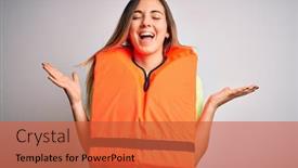  Presentation with blue orange white - Presentation theme enhanced with young-beautiful-blonde-woman background and a red colored foreground