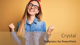  Presentation with blue eyes - Presentation theme having young-beautiful-blonde-woman background and a yellow colored foreground