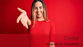  Presentation with blue handshake - Beautiful presentation design featuring young-beautiful-blonde-woman backdrop and a crimson colored foreground