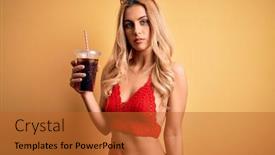  Presentation with beverage - Amazing PPT theme having young-beautiful-blonde-woman backdrop and a red colored foreground