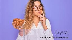  Presentation with healthy snack - Presentation design consisting of young-beautiful-blonde-woman background and a light blue colored foreground