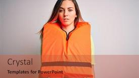  Presentation with blue orange white - Presentation theme enhanced with young-beautiful-blonde-woman background and a red colored foreground