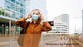  Presentation with bus station - Presentation theme featuring young-beautiful-blonde-woman background and a coral colored foreground