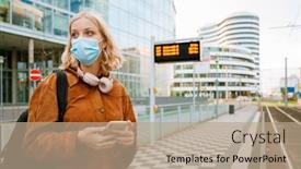  Presentation with public transport - Presentation design with young-beautiful-blonde-woman background and a coral colored foreground
