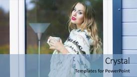  Presentation with home garden - Amazing slide set having young beautiful blonde woman with cup of coffee standing home by the window garden reflection on the glass backdrop and a light blue colored foreground