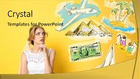  Presentation with honeymoon - PPT theme enhanced with young beautiful bride planning honeymoon background and a yellow colored foreground