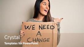  Presentation with change - Audience pleasing slide set consisting of young-beautiful-brunette-activist-woman backdrop and a coral colored foreground