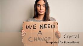  Presentation with change thinking - Theme consisting of young-beautiful-brunette-activist-woman background and a coral colored foreground