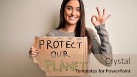  Presentation with envvironmental activist - PPT theme featuring young-beautiful-brunette-activist-woman background and a coral colored foreground