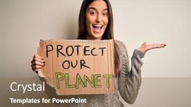  Presentation with woman hands raised to sky - Presentation theme consisting of young-beautiful-brunette-activist-woman background and a coral colored foreground