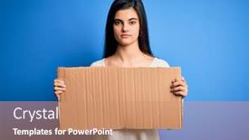  Presentation with envvironmental activist - Beautiful PPT theme featuring young-beautiful-brunette-activist-woman backdrop and a coral colored foreground