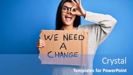  Presentation with change - Amazing PPT layouts having young-beautiful-brunette-activist-woman backdrop and a teal colored foreground