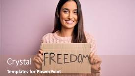  Presentation with poster - PPT theme consisting of young-beautiful-brunette-activist-woman background and a coral colored foreground