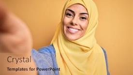  Presentation with arab - Theme having young-beautiful-brunette-arab-woman background and a yellow colored foreground