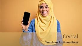  Presentation with arab - Presentation theme having young-beautiful-brunette-arab-woman background and a yellow colored foreground
