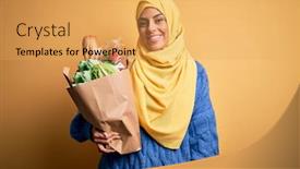 Presentation with paper bag - Slide deck consisting of young-beautiful-brunette-arab-woman background and a yellow colored foreground