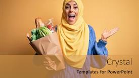  Presentation with islamic - Beautiful PPT theme featuring young-beautiful-brunette-arab-woman backdrop and a gold colored foreground