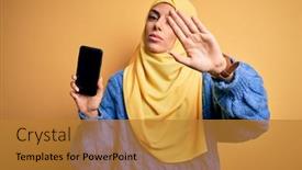  Presentation with islamic - Presentation design consisting of young-beautiful-brunette-arab-woman background and a gold colored foreground