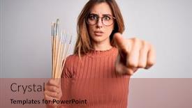  Presentation with artist - Presentation design featuring young-beautiful-brunette-artist-woman background and a red colored foreground