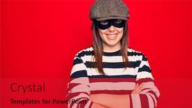  Presentation with face mask - Colorful presentation enhanced with young-beautiful-brunette-burglar-woman backdrop and a crimson colored foreground