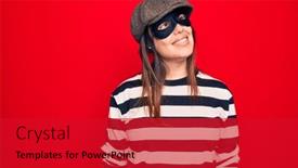  Presentation with face mask - Slide deck with young-beautiful-brunette-burglar-woman background and a crimson colored foreground