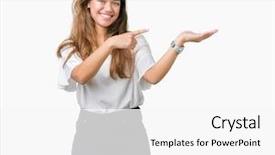  Presentation with finger - Beautiful slide deck featuring young beautiful brunette business woman backdrop and a  colored foreground