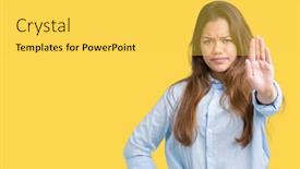  Presentation with hand palm - Audience pleasing presentation consisting of young-beautiful-brunette-business-woman backdrop and a  colored foreground